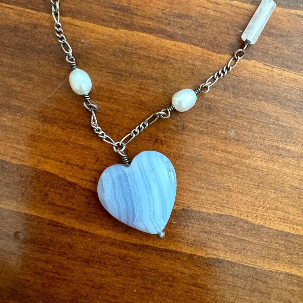 Sterling sliver, blue chalcedony, rose quartz, pearl necklace